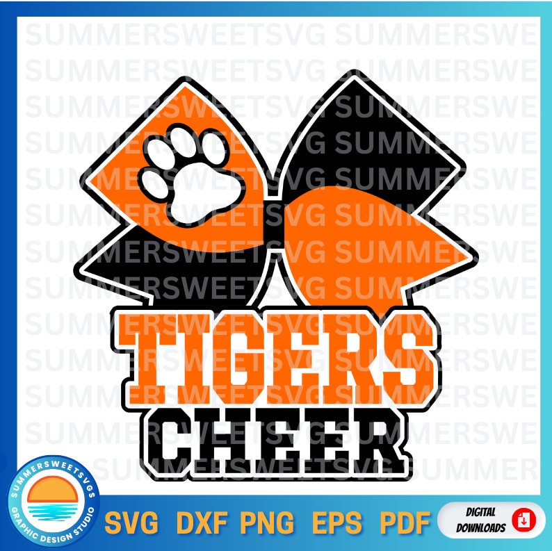 Pode incluir: Um design digital com um la&ccedil;o de l&iacute;der de torcida com uma pegada, a palavra "TIGERS" em laranja e "CHEER" em preto. O design &eacute; para downloads digitais.