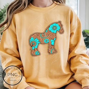 May include: Mustard-colored sweatshirt featuring a detailed horse design. The horse silhouette is filled with floral patterns in brown and turquoise. The design includes the text "DIGITAL DOWNLOAD PNG ONLY 300 DPI SUMMERSWEETSVG".