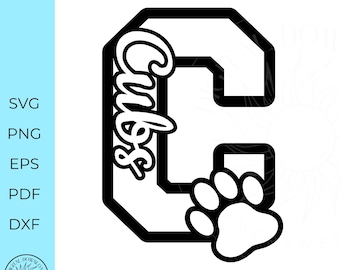 May include: Black and white digital design featuring the letter "C" with the word "Cubs" in script and a paw print. The design is for digital download in SVG, PNG, EPS, PDF, and DXF formats.