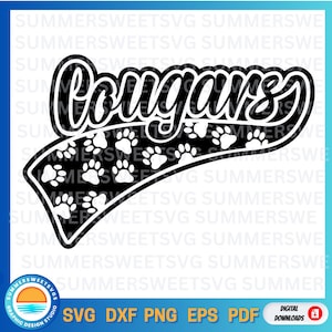 Cougars SVG, impronta di zampa SVG, spirito scolastico, monogramma di scuola elementare SVG, ritorno a scuola, file di taglio Cricut, SVG, PNG, DXF, EPS, PDF, silhouette