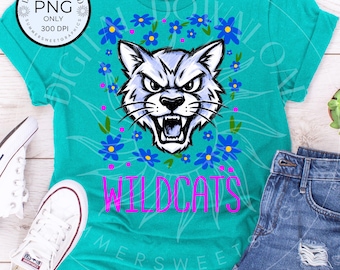 Retro Wildcats PNG, School Mascot Shirt Design, Groovy Floral Team Spirit Graphic, Game Day digital download for sublimation