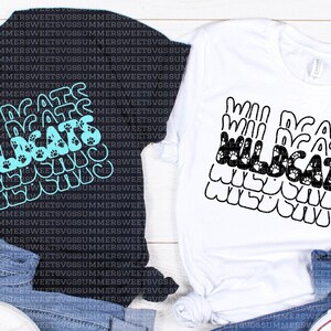 May include: A black t-shirt and a white t-shirt, each featuring a repeating stacked graphic of the word WILDCATS in a wavy font. The black shirt has a bright cyan print, while the white shirt has a black print with small paw print accents.