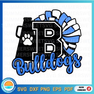 Bulldogs Cheer SVG / Megáfono con pompón y huella de pata / Mascota de espíritu escolar Archivo de corte / Cricut Silueta PNG DXF / Descarga digital / Archivo de artesanía