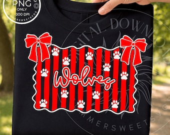 Striped Preppy Wolves PNG, Coquette Bow Wolves image, School Spirit Shirt Design, Preppy Mascot digital file for sublimation
