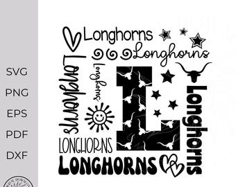 Tipografía de Longhorns svg, longhorn svg, longhorn cheer svg, espíritu de equipo, diseño de camiseta escolar, archivo de corte para cricut, silhouette, eps, svg, png, dxf