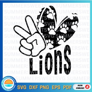 平和と愛のライオンズ SVG、スクールプライド SVG、スピリットデー SVG、昇華 PNG、モノグラム、クリカットカットファイル、シルエット SVG、PNG、DXF、EPS デジタル