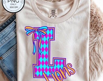 Lions PNG, Lion Preppy Harlequin pattern, School Mascot design, kids spirit shirt png file, printable game day image, digital download