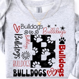 Typografia Bulldogs svg, Bulldogs svg, cheer Bulldogs svg, Duch drużyny, projekt koszulki szkolnej, plik Cricut Cut, sylwetka, eps, svg, png, dxf
