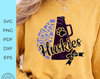 Huskies Cheerleader svg, cheerleader mama megaphone and pompom shirt design, Cheer Team Spirit Squad SVG, Junior Cheer Digital Download