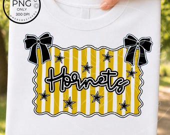 Avispones Preppy a rayas PNG, imagen de Avispones con lazo coqueto, diseño de camiseta de espíritu escolar, archivo digital de mascota Preppy para sublimación