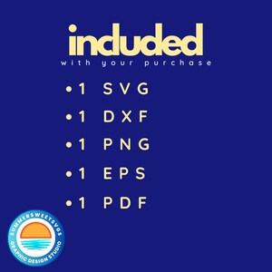 May include: A navy blue graphic with the word "included" in yellow, along with a list of file types: SVG, DXF, PNG, EPS, and PDF. The text "with your purchase" is also included. A logo for Summersweets SVGs is in the bottom left corner.