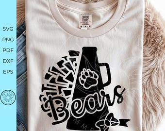 Bear cheerleader svg, Cheer squad megaphone graphic, Cheer bow and paw print, Beer team spirit shirt design, Custom cheer digital file