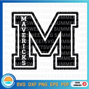 May include: A black varsity-style letter M with a white outline. The word MAVERICKS is written vertically in white capital letters inside the left vertical bar of the letter M. The background features a repeating watermark of the text SUMMERSVGSVG.
