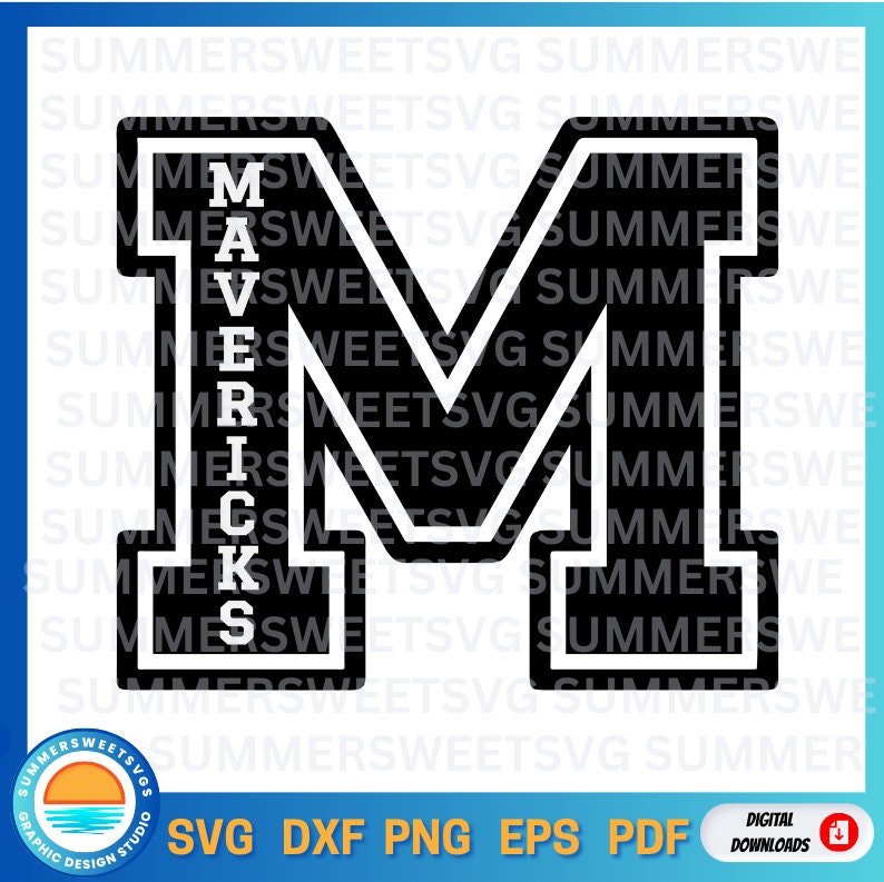 May include: A black varsity-style letter M with a white outline. The word MAVERICKS is written vertically in white capital letters inside the left vertical bar of the letter M. The background features a repeating watermark of the text SUMMERSVGSVG.