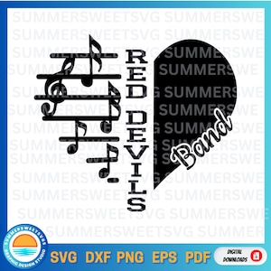 svg de demonios, svg de música, svg de banda, diseño de corazón de banda, espíritu de equipo, svg de diseño de clave de sol, svg png dxf, archivos de corte de circuito, archivos de corte digital