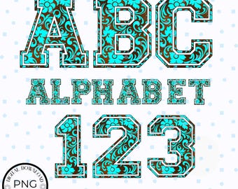 Western Chic Varsity Alphabet PNG Bundle, Faux Turquoise Alphabet letters & numbers,Cowgirl Alphabet Font,  Embossed Leather Alphabet Bundle