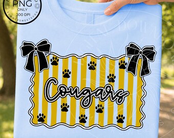 Striped Preppy Cougars PNG, Coquette Bow Cougars image,  School Spirit Shirt Design, Preppy Mascot digital file for sublimation