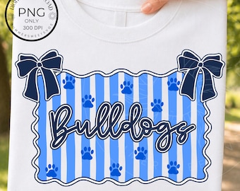 Striped Mascot PNG, Coquette Bow Bulldogs image,  School Spirit Shirt Design, Preppy Bulldog digital file for sublimation