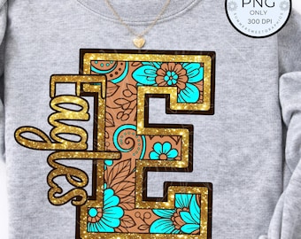 Western Floral Mascot PNG, Eagles PNG, Turquoise Embossed Leather Design Spirit Shirt Design, for sport Moms,Game day digital download