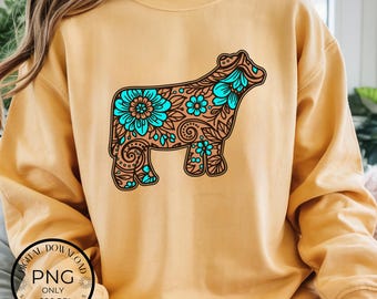 Show Steer PNG with Faux Western Floral, Turquoise Embossed Leather Design, for State Fair Moms, FFA and 4H Steer Exhibitor Sublimation png