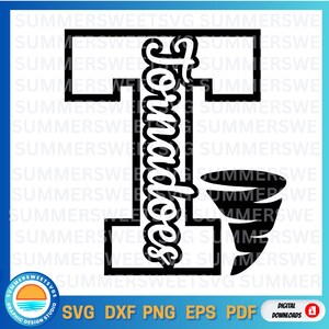 May include: Black and white graphic design featuring the word "Tornadoes" in a stylized font, integrated with a tornado illustration. The design includes the text "SVG DXF PNG EPS PDF" and "Digital Downloads".