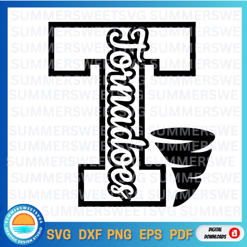 May include: Black and white graphic design featuring the word "Tornadoes" in a stylized font, integrated with a tornado illustration. The design includes the text "SVG DXF PNG EPS PDF" and "Digital Downloads".