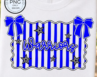 Striped Mascot PNG, Coquette Bow warriors image, School Spirit Shirt Design, blue Preppy warrior digital file for sublimation
