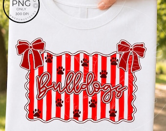 Striped Mascot PNG, Coquette Bow Bulldogs image, School Spirit Shirt Design, Red Preppy Bulldog digital file for sublimation
