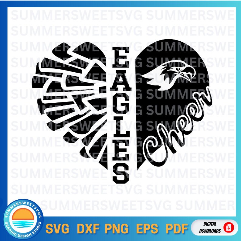 Puede incluir: Dise&ntilde;o en forma de coraz&oacute;n en blanco y negro con las palabras "Eagles" y "Cheer" en su interior. El lado izquierdo del coraz&oacute;n presenta una cabeza de &aacute;guila estilizada y el lado derecho presenta un ala de &aacute;guila estilizada.