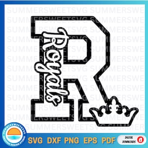 May include: Black and white graphic design of a large letter R with the word "Royals" written in a cursive font inside the letter. A crown is at the bottom of the letter R.