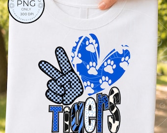 Tigres PNG, Paz, amor y tigres, diseño de mascota escolar, archivo PNG para camisetas infantiles, imagen imprimible para el día del partido, descarga digital