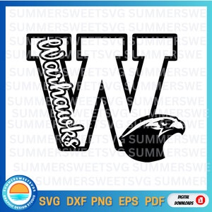 May include: Black and white graphic design of a capital letter W with the word "Warhawks" written inside the left side of the letter. A black silhouette of an eagle's head is on the right side of the letter.