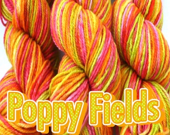 POPPY FIELDS-100%  American Alpaca Yarn, Hand Dyed, DK wt.,3-ply, Approx. 190 yds.,3.5 oz., Orange/Lime/Pink