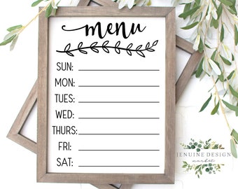 Menu hebdomadaire imprimable | Tableau de menus | Tableau de planification des repas | Menu SVG