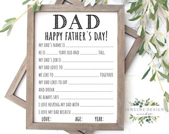 Puede incluir: Una tarjeta para el Día del Padre para completar con el texto "DAD HAPPY FATHER'S DAY!" y sugerencias para que el usuario escriba sobre su padre, como "My dad's name is", "He is ___ years old and ___ tall", "My dad's job is", "My dad loves to", "We like to ___ together", "My dad likes to eat ___ and drink", "He always says", "I love helping my dad with", "I love my dad because", "Love:", "Age:", and "Year:".