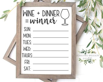 Wine + Dinner = Winner Menu Template | Weekly Meal Planner | Menu Board SVG