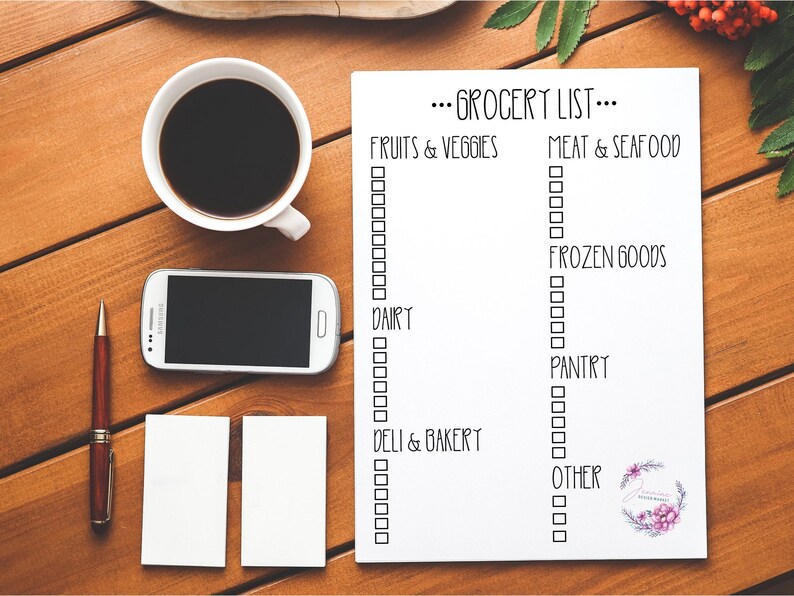 Peut inclure: Une liste de courses blanche avec du texte noir. La liste est divis&eacute;e en cat&eacute;gories&nbsp;: Fruits et l&eacute;gumes, Viandes et fruits de mer, Produits surgel&eacute;s, Produits laitiers, Charcuterie et boulangerie, Garde-manger et Autres. Chaque cat&eacute;gorie comporte une s&eacute;rie de cases &agrave; cocher vides.