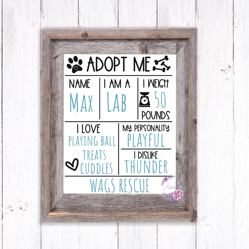May include: A white sign with black text and blue accents that reads "Adopt Me". The sign includes information about a dog named Max, a Lab, who weighs 50 pounds. It lists his favorite things, including playing ball, treats, cuddles, and his dislike of thunder. The sign also states that Max is playful and is available for adoption through Wags Rescue.