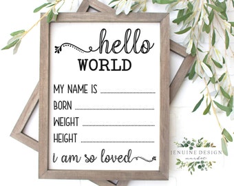 Newborn Birth Announcement | Baby Birth Sign | Hello World Baby Birth Stats | Printable Newborn Announcement