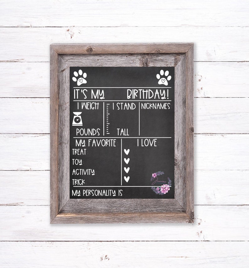 May include: Black chalkboard with a white paw print design. It's My Birthday! I Weigh, I Stand, Nicknames, Pounds, Tall, My Favorite, Treat, Toy, Activity, Trick, I Love.  My Personality Is.