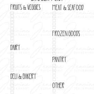 Peut inclure: Une liste de courses imprimable avec des cases &agrave; cocher pour les fruits et l&eacute;gumes, la viande et les fruits de mer, les produits surgel&eacute;s, les produits laitiers, la charcuterie et la boulangerie, le garde-manger et autres. Chaque cat&eacute;gorie comporte une liste de cases &agrave; cocher vides.