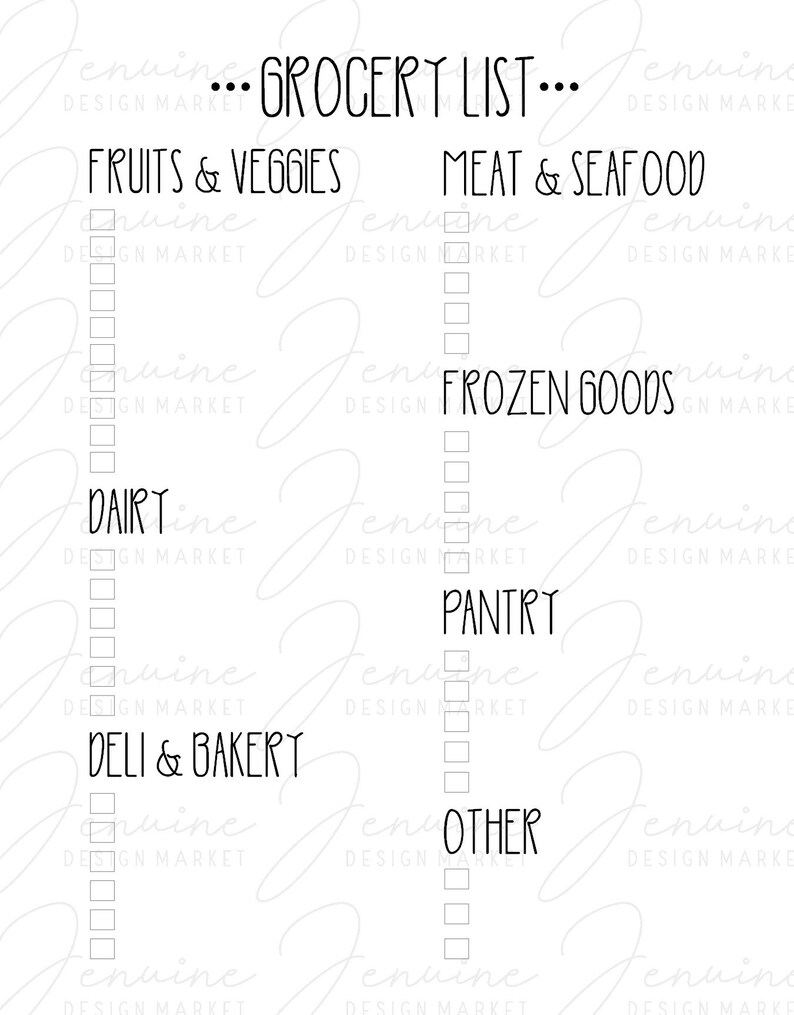 Peut inclure: Une liste de courses imprimable avec des cases &agrave; cocher pour les fruits et l&eacute;gumes, la viande et les fruits de mer, les produits surgel&eacute;s, les produits laitiers, la charcuterie et la boulangerie, le garde-manger et autres. Chaque cat&eacute;gorie comporte une liste de cases &agrave; cocher vides.