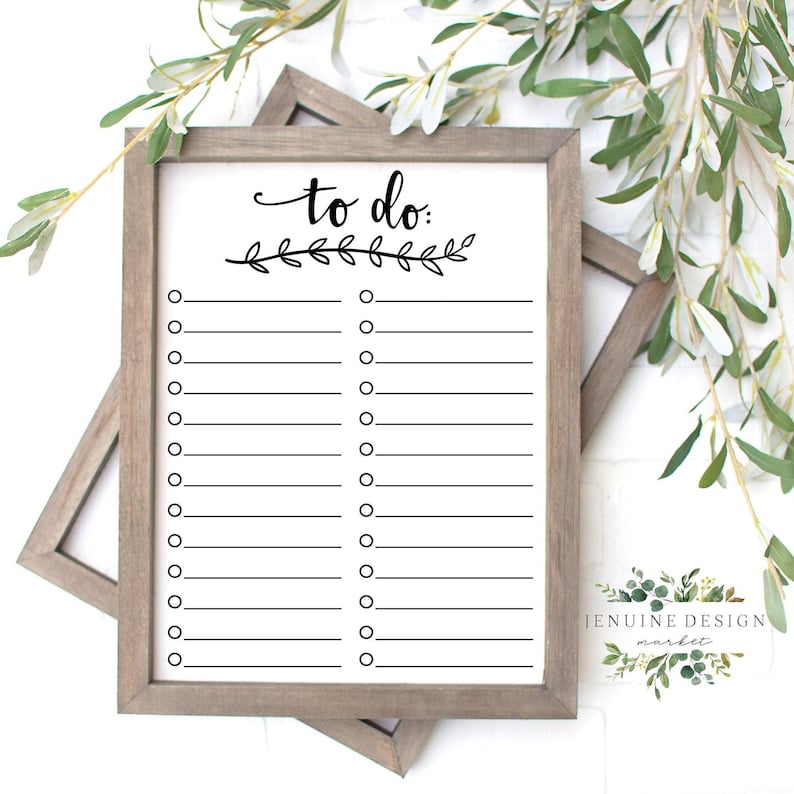 May include: A printable to-do list with a simple design featuring a handwritten "to do:" title and a decorative branch with leaves. The list has 12 blank lines with circles for checking off tasks.