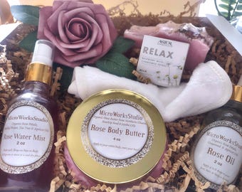 Rose Skincare Gift Set: Organic Oil, Mist, Body Butter & Soap / Mother's Day Gift