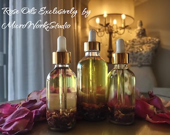 Rose Oil with Organic Rose Petals for Face, Body, Hair, and Nails. Beautifully Scented All-Natural Gift for Adults.