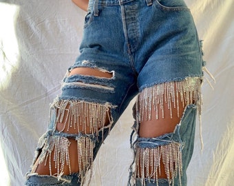 jeans with hanging rhinestones