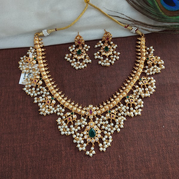 Guttapusalu Short Necklace |Gold-plated | South Indian jewelry | Indian jewelry | Indian wedding jewelry | Bridal | Gift | Matte finish |