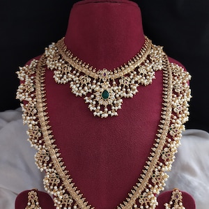 Sonal’s Gold-Plated Guttapusalu Short Necklace & Long Haram Set | South Indian Matte Finish Bridal Jewelry | Pearl Kemp Temple Necklace