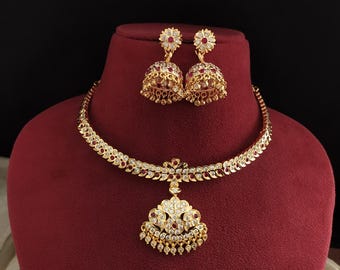 Heritage Gold Plated White Ruby Stone Addigai Jewelry, South Indian Bridal Necklace with Matching Jhumka