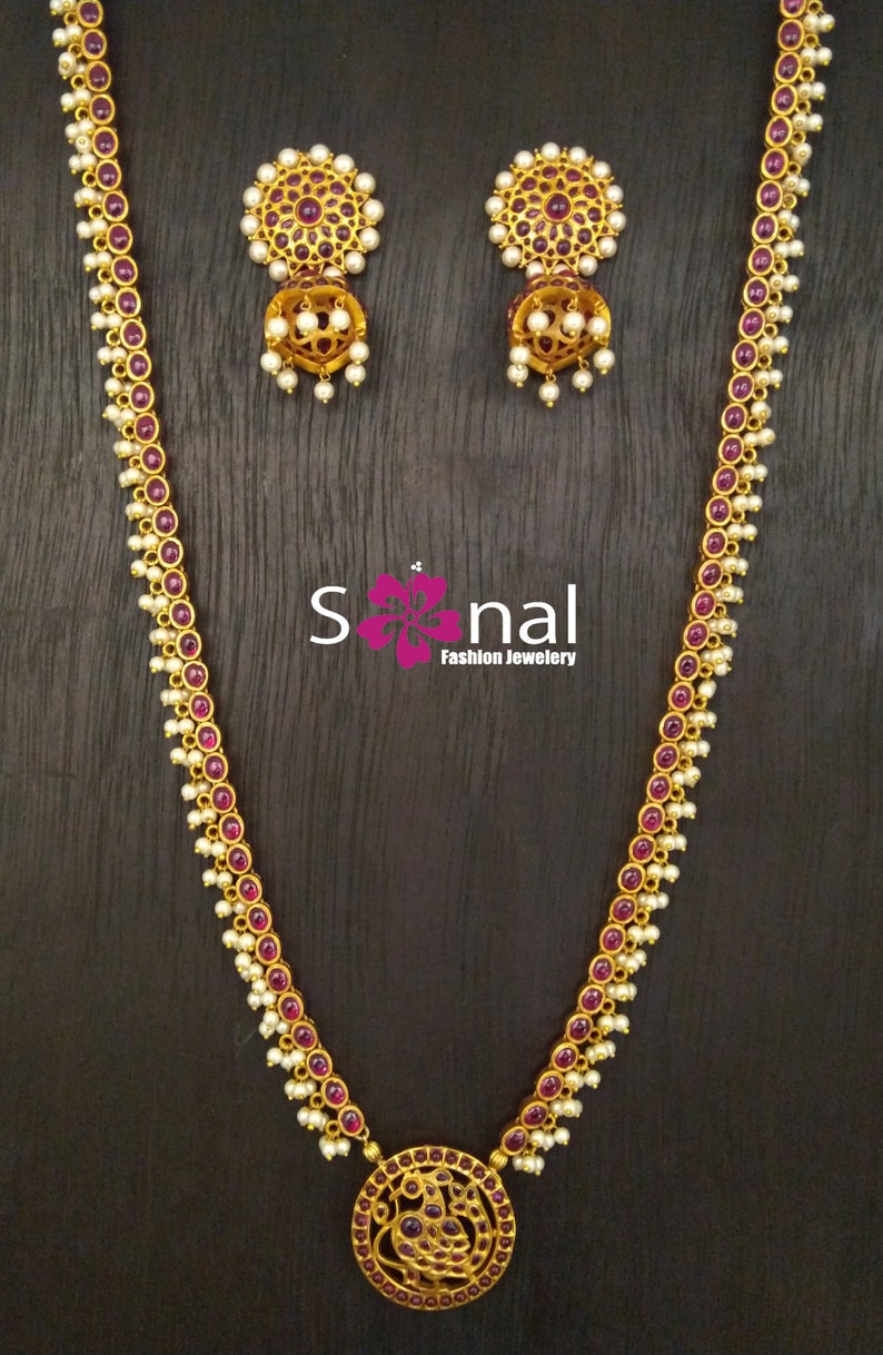 Indian Gold Plated Spinel Pearl Peacock Kemp Long Temple Necklace Set For Women /& Girls Gifts For Her Indian Jewelry South Indian Jewelry
